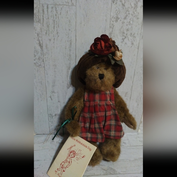 Plaid Dress Teddy Bear with Floral Hat Vintage Boys'd Bears Lizzie Wishkabibble - Picture 4 of 10